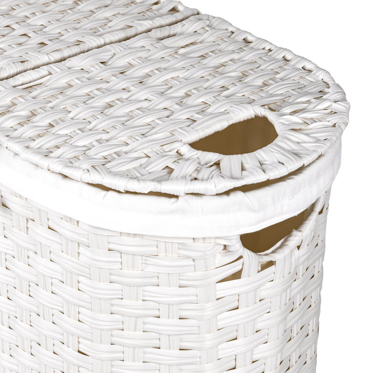 White Handwoven Oval Double Laundry Hamper with Lid