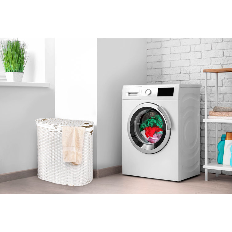 White Handwoven Oval Double Laundry Hamper with Lid