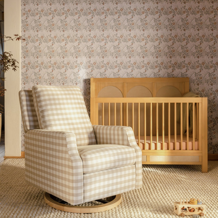 Tan Gingham Velvet Swivel Recliner with Light Wood Base