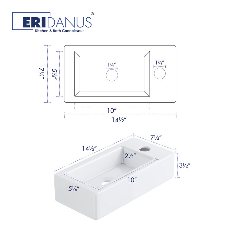 Turner 14" x 7" White Ceramic Rectangular Wall Mount Bathroom Sink