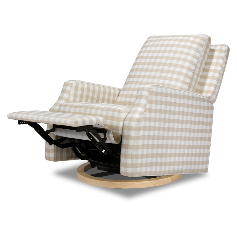 Tan Gingham Velvet Swivel Recliner with Light Wood Base