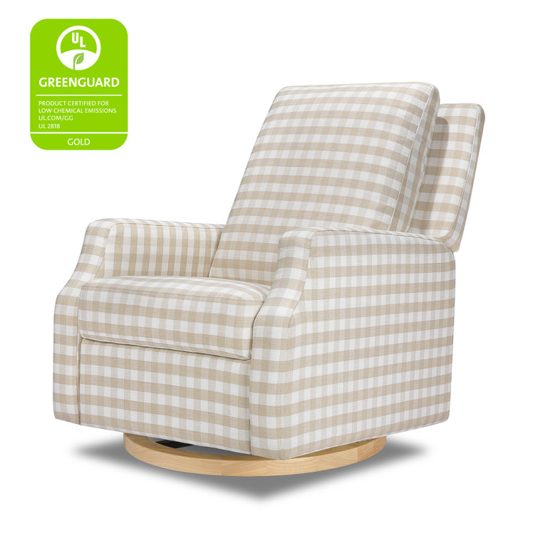 Tan Gingham Velvet Swivel Recliner with Light Wood Base