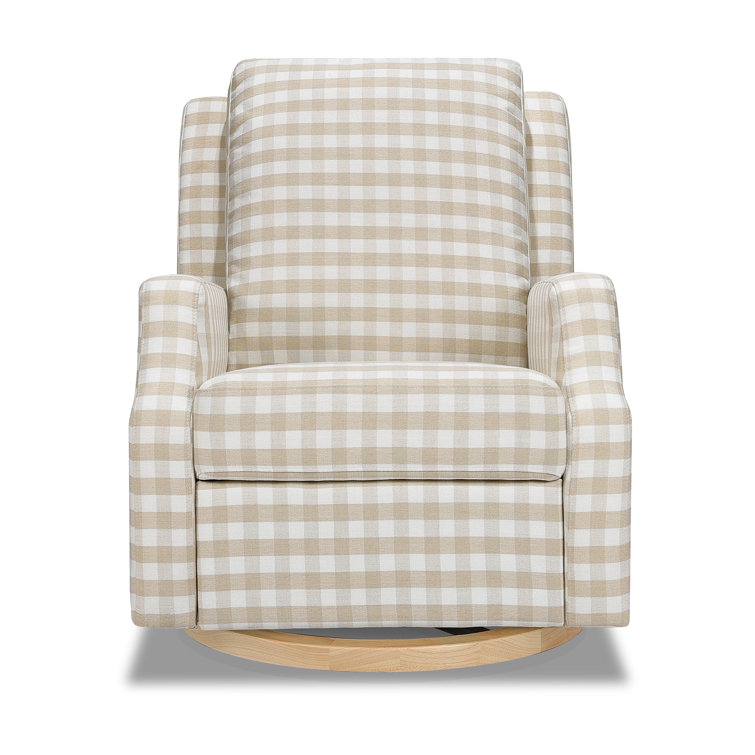 Tan Gingham Velvet Swivel Recliner with Light Wood Base