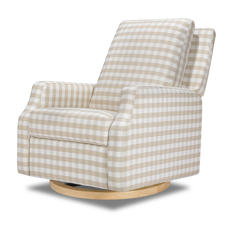 Tan Gingham Velvet Swivel Recliner with Light Wood Base