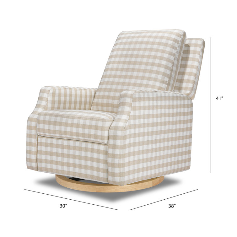 Tan Gingham Velvet Swivel Recliner with Light Wood Base