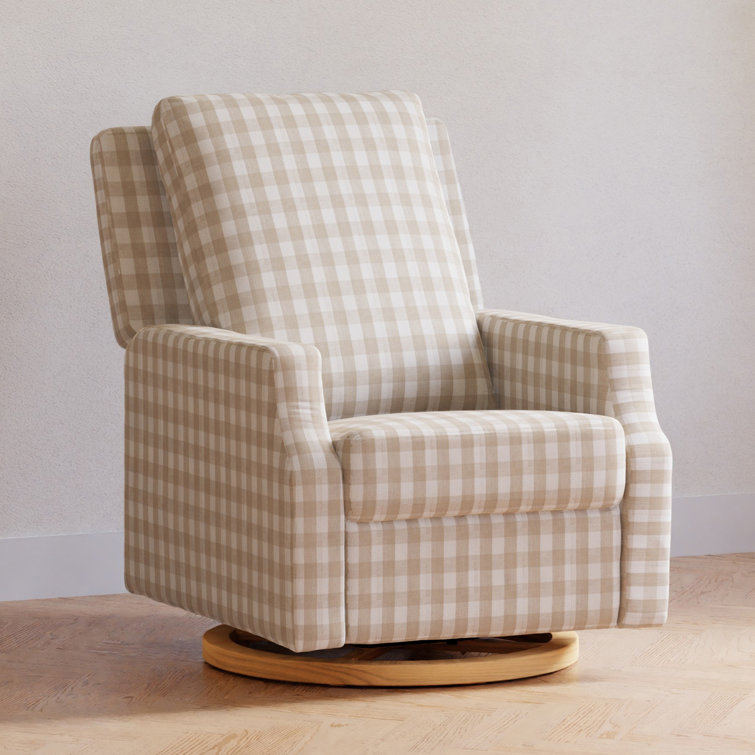Tan Gingham Velvet Swivel Recliner with Light Wood Base