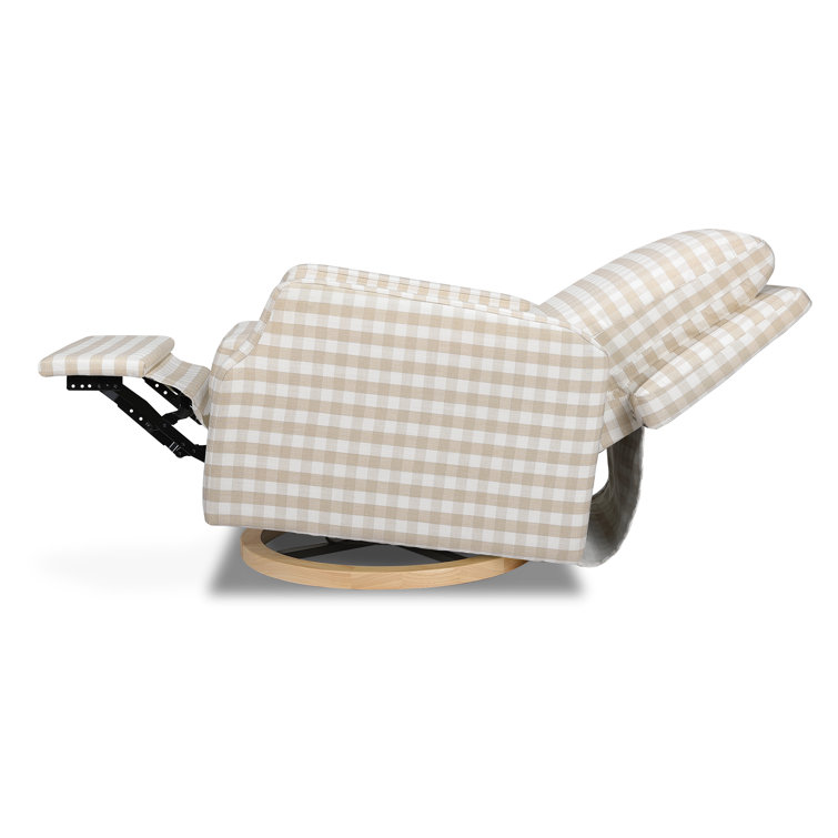 Tan Gingham Velvet Swivel Recliner with Light Wood Base