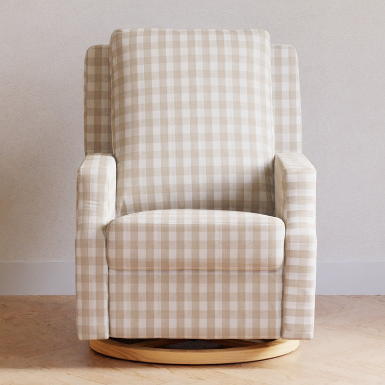 Tan Gingham Velvet Swivel Recliner with Light Wood Base