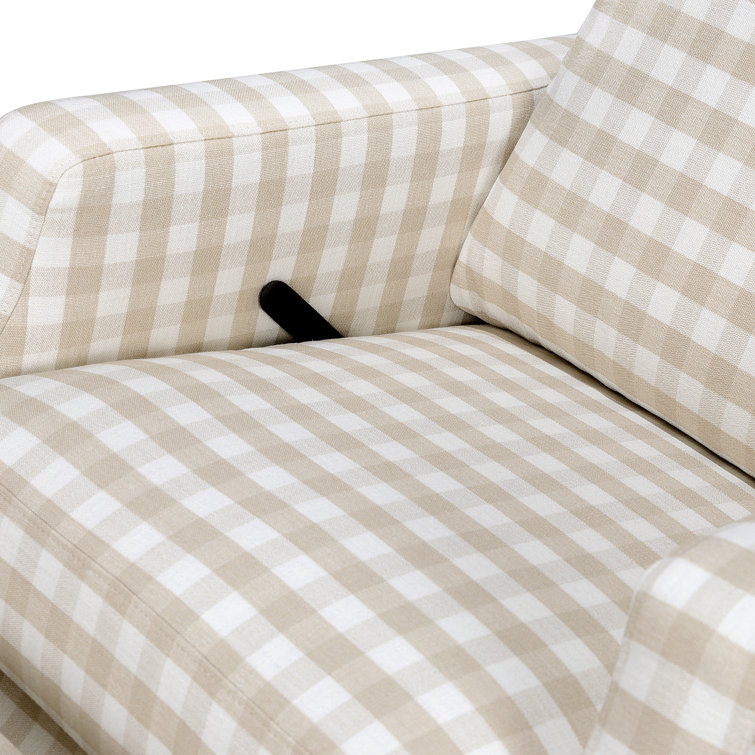 Tan Gingham Velvet Swivel Recliner with Light Wood Base