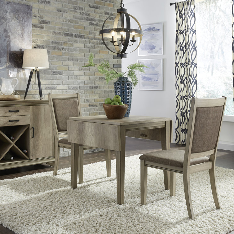 Sandstone Finish Drop Leaf Dining Table Set with Brown Tweed Upholstered Chairs