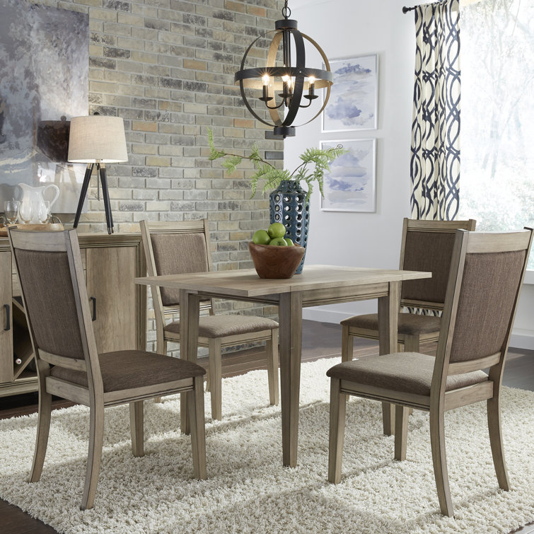 Sandstone Finish Drop Leaf Dining Table Set with Brown Tweed Upholstered Chairs