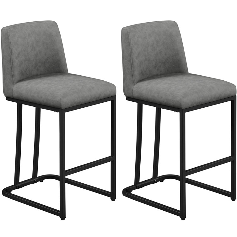 Gray Faux Leather Upholstered Counter Stools with Iron Frame, Set of 2