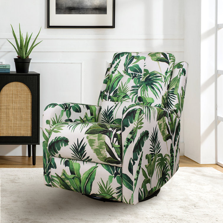 Green Tropical Leaf Print Swivel Recliner with Metal Base