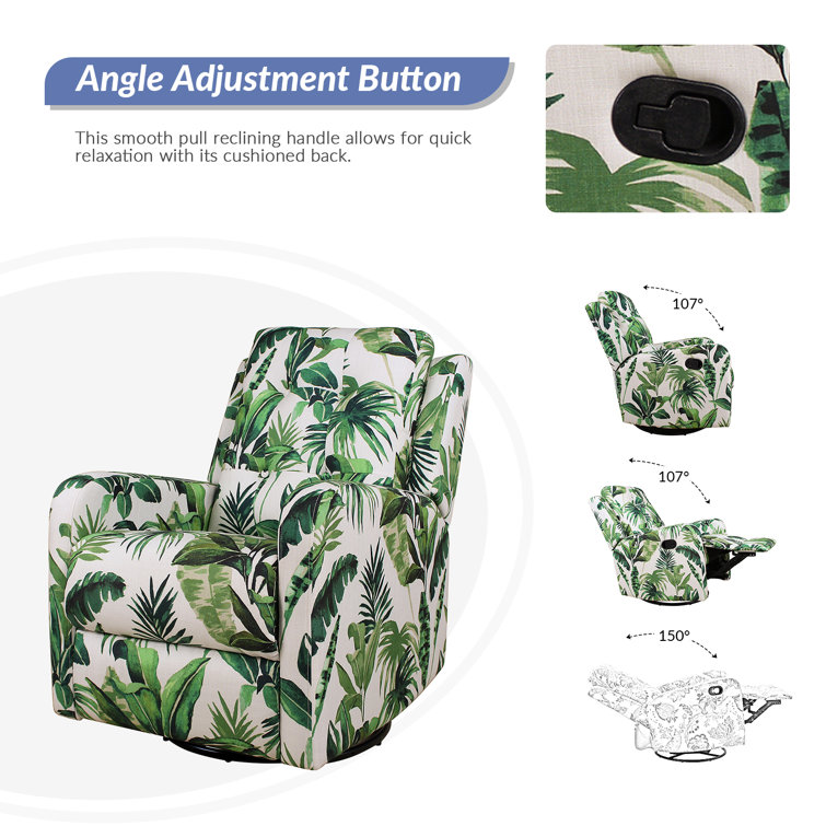 Green Tropical Leaf Print Swivel Recliner with Metal Base