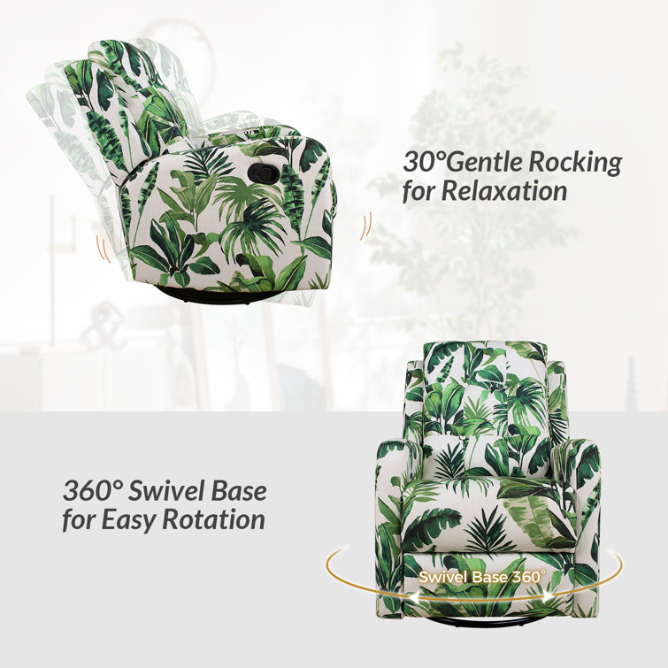 Green Tropical Leaf Print Swivel Recliner with Metal Base