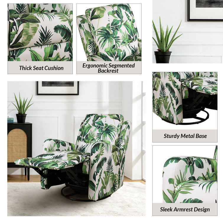 Green Tropical Leaf Print Swivel Recliner with Metal Base