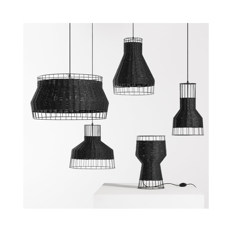 Black Metal and Rattan Table Lamp with Architectural Design