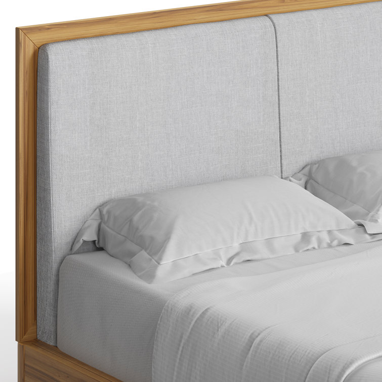 Natural Wood Queen Upholstered Platform Bed with Storage Drawer