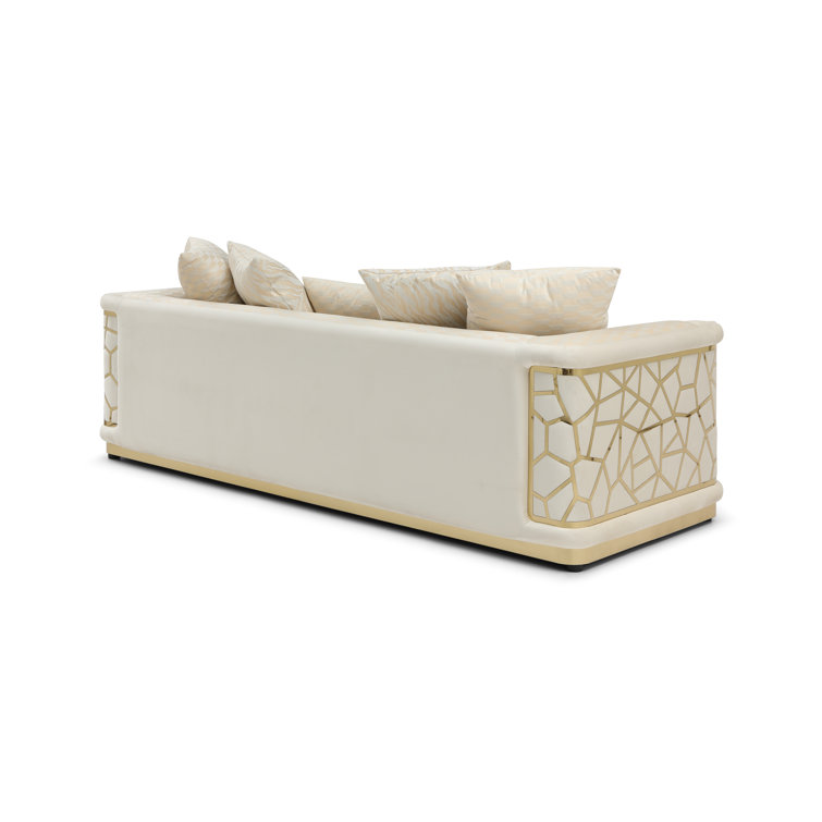 Ivory Velvet Art Deco Sofa with Gold Trim