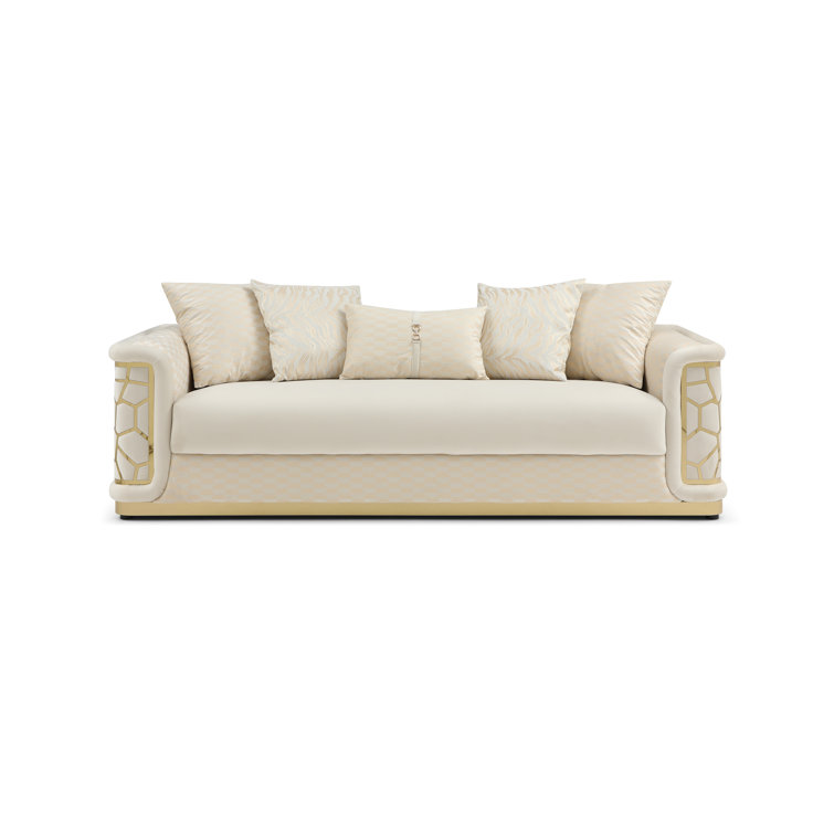 Ivory Velvet Art Deco Sofa with Gold Trim