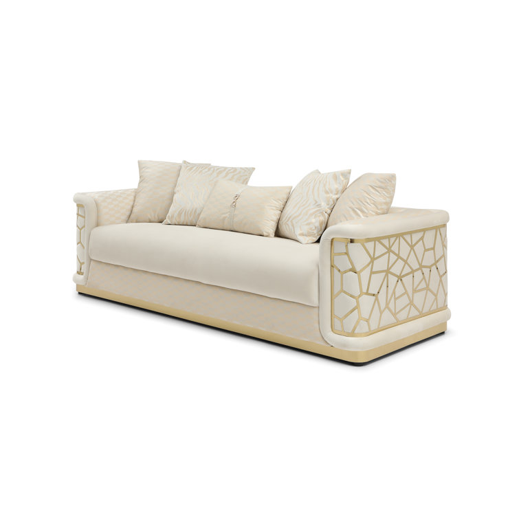 Ivory Velvet Art Deco Sofa with Gold Trim
