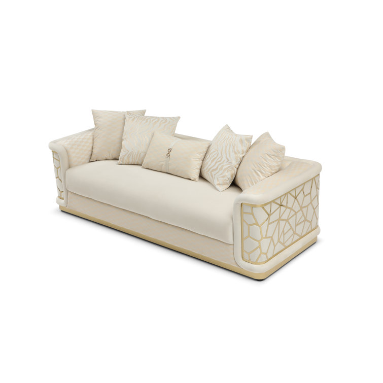 Ivory Velvet Art Deco Sofa with Gold Trim