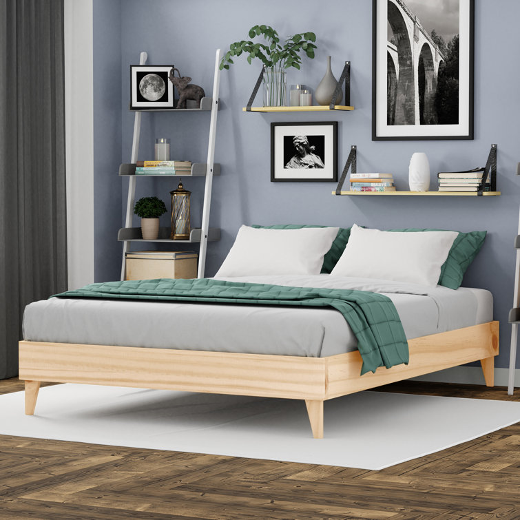 Natural Pine Queen Platform Bed Frame with Slats