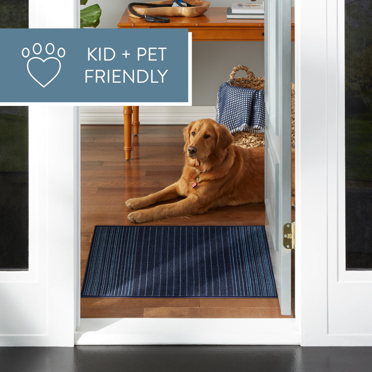 Layne Navy Blue and Light Blue Stripe Washable Synthetic Area Rug