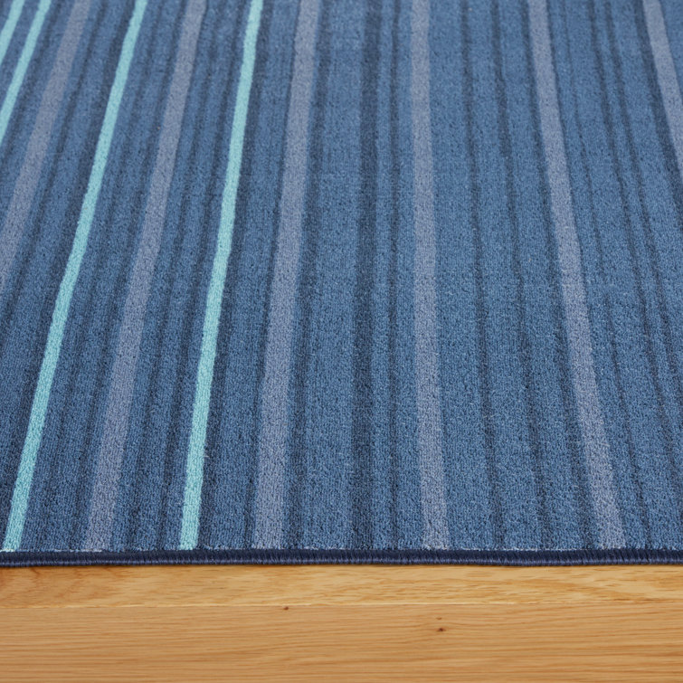 Layne Navy Blue and Light Blue Stripe Washable Synthetic Area Rug