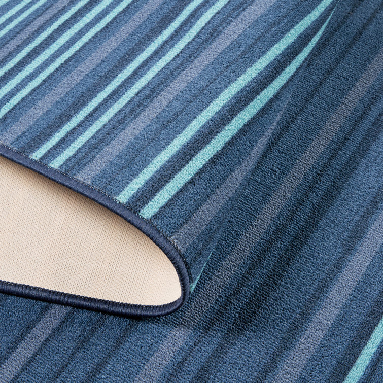 Layne Navy Blue and Light Blue Stripe Washable Synthetic Area Rug