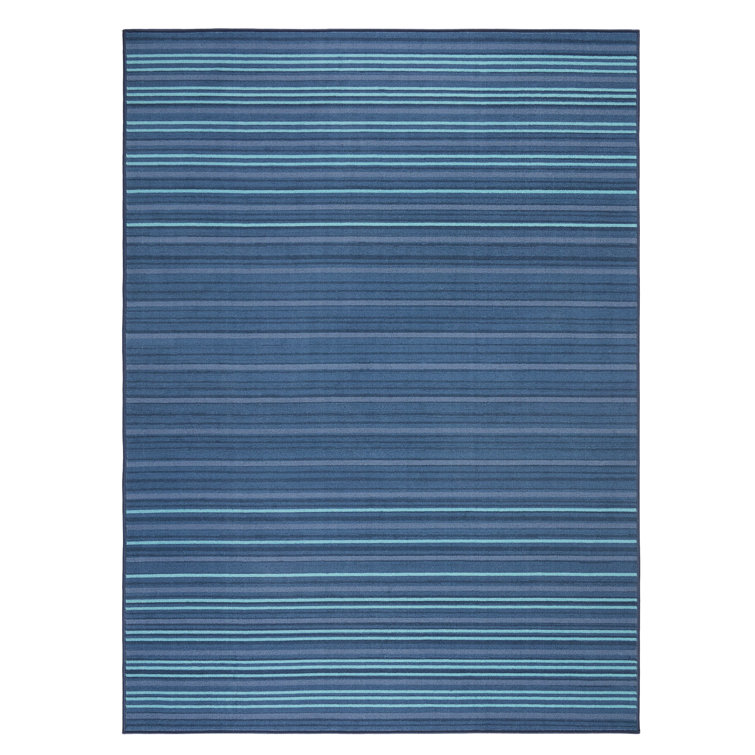 Layne Navy Blue and Light Blue Stripe Washable Synthetic Area Rug