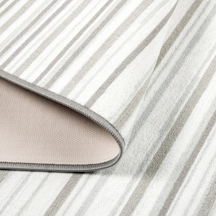 Layne Silver Gray Stripe Washable Synthetic Area Rug 6' x 9'