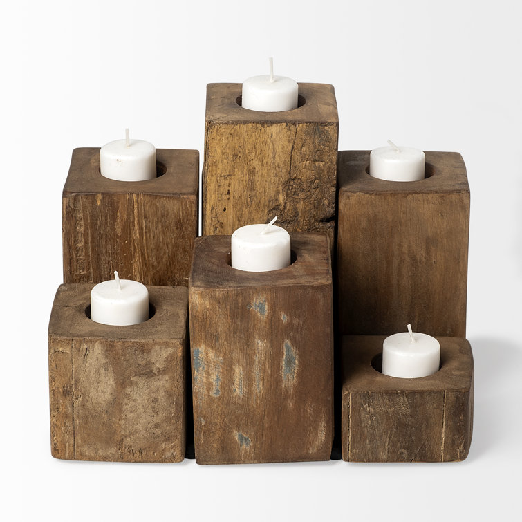 Rustic Honey Brown Wood Block Candelabra