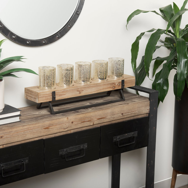 Rustic Wood and Metal Candle Holder with Mercury Glass Cups