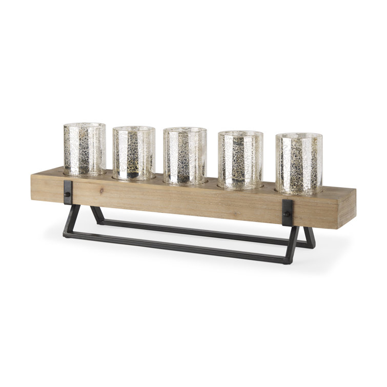 Rustic Wood and Metal Candle Holder with Mercury Glass Cups