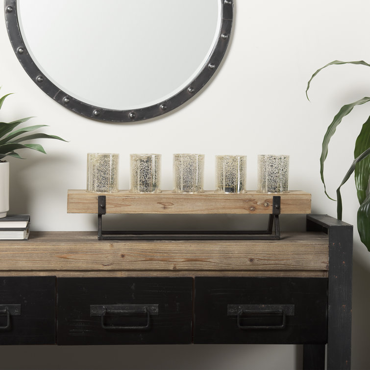 Rustic Wood and Metal Candle Holder with Mercury Glass Cups