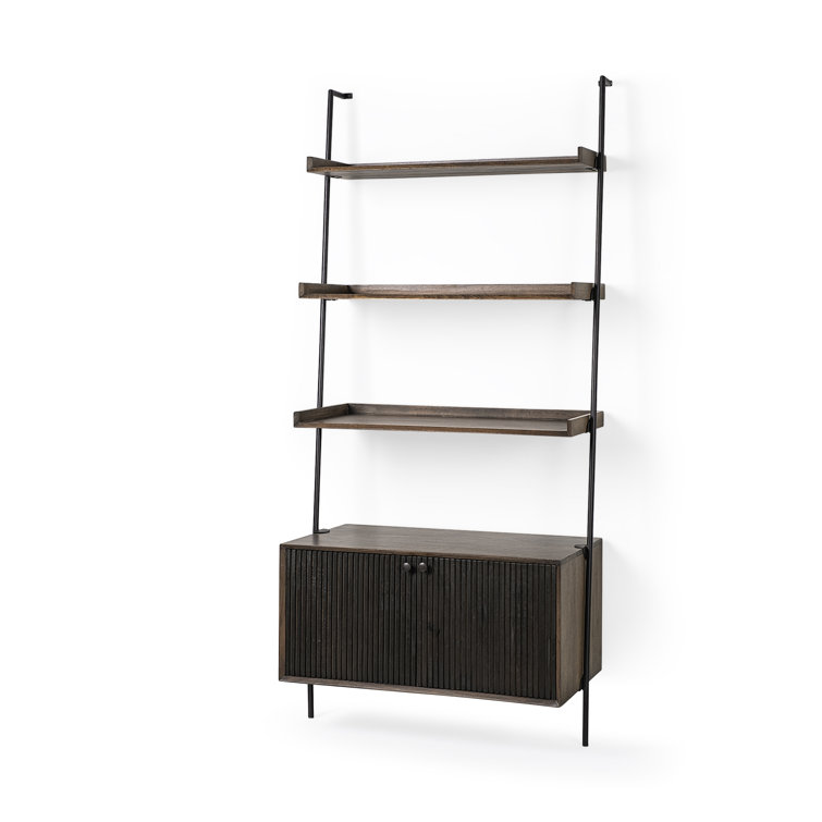 Mango Wood Ladder Bookcase with Dark Brown Cabinet