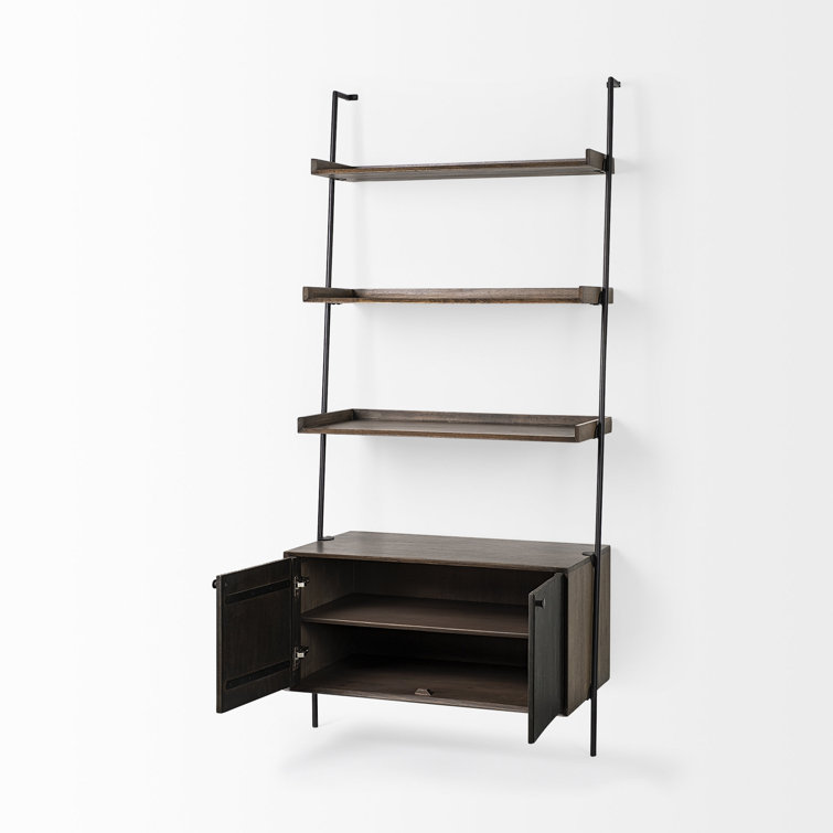 Mango Wood Ladder Bookcase with Dark Brown Cabinet