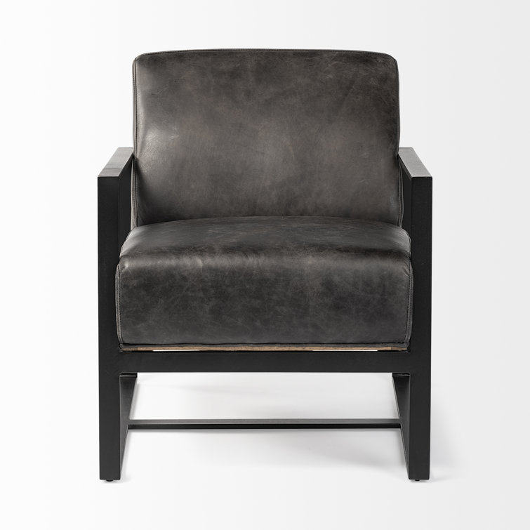 Stamford 31.9'' Black Genuine Leather and Metal Armchair