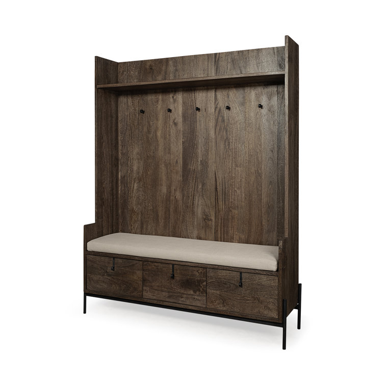 Glenn V Dark Brown Mango Wood Hall Tree with Storage and Cream Fabric Seat
