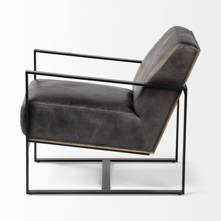 Stamford 31.9'' Black Genuine Leather and Metal Armchair