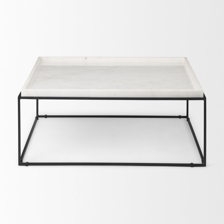 Nathan Square White Marble Top Black Metal Base Coffee Table