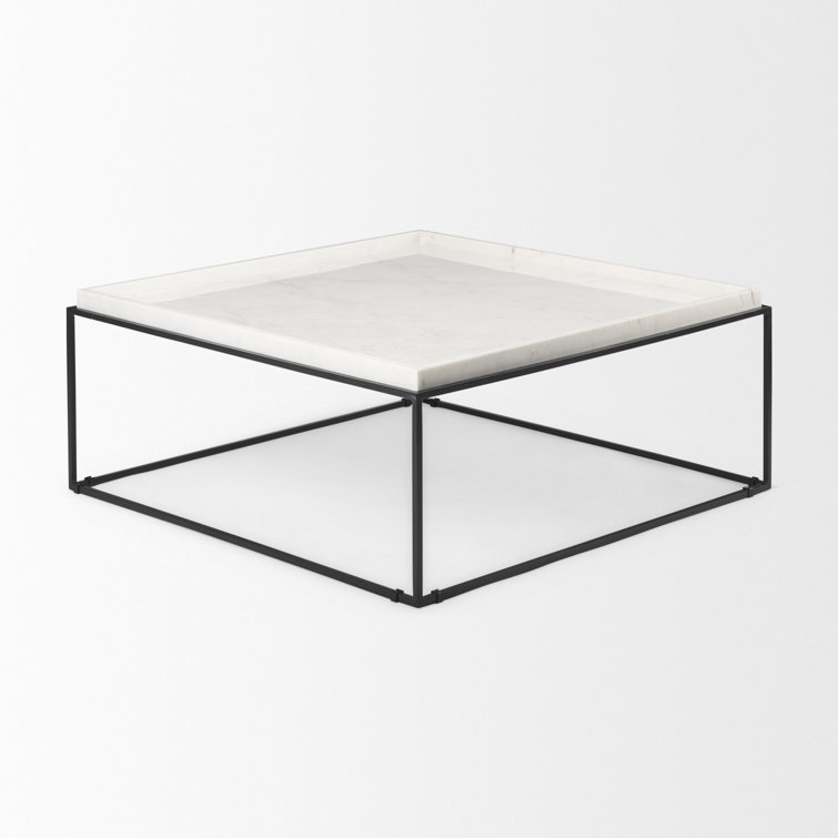 Nathan Square White Marble Top Black Metal Base Coffee Table