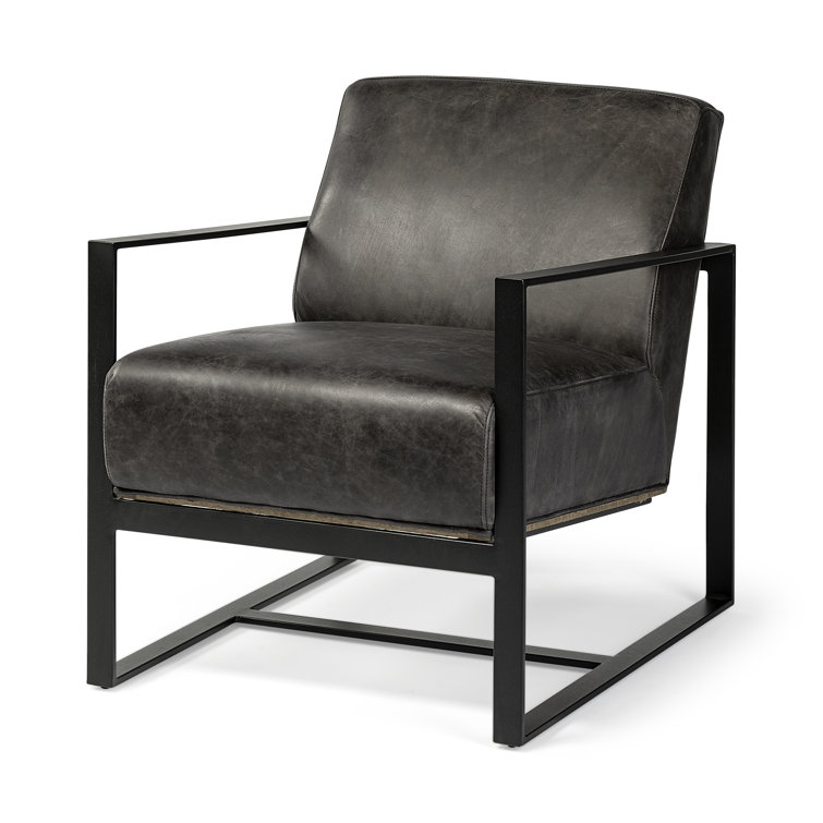 Stamford 31.9'' Black Genuine Leather and Metal Armchair