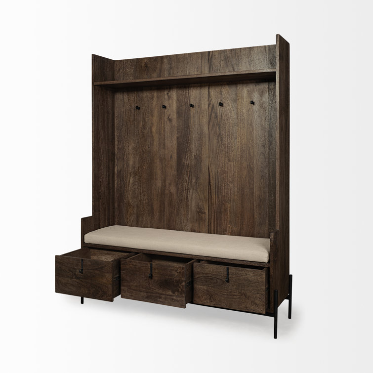 Glenn V Dark Brown Mango Wood Hall Tree with Storage and Cream Fabric Seat