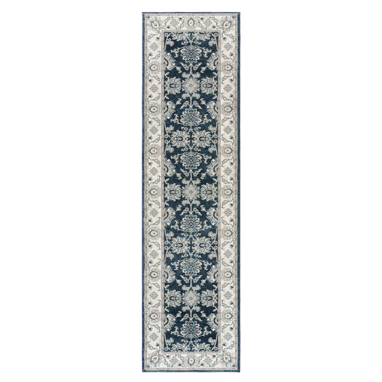 Navy Blue and Ivory Floral Border Runner Rug, 2'2" x 8'