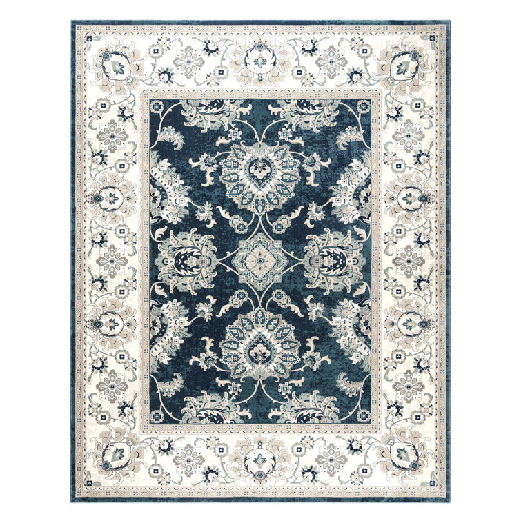 Moena Navy Blue and Ivory Synthetic Persian Area Rug