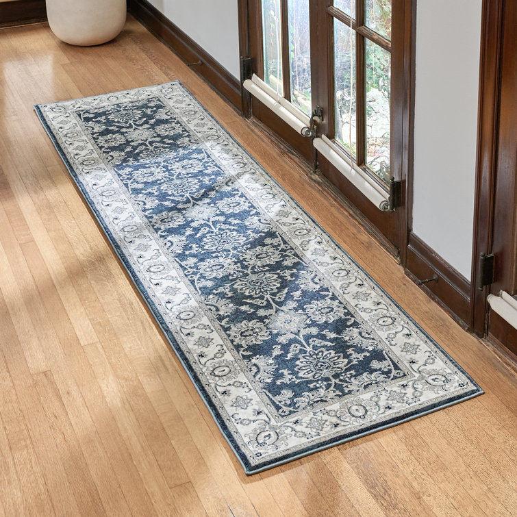 Navy Blue and Ivory Floral Border Runner Rug, 2'2" x 8'