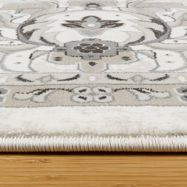 Ivory and Gray Traditional Oriental Floral Border Area Rug