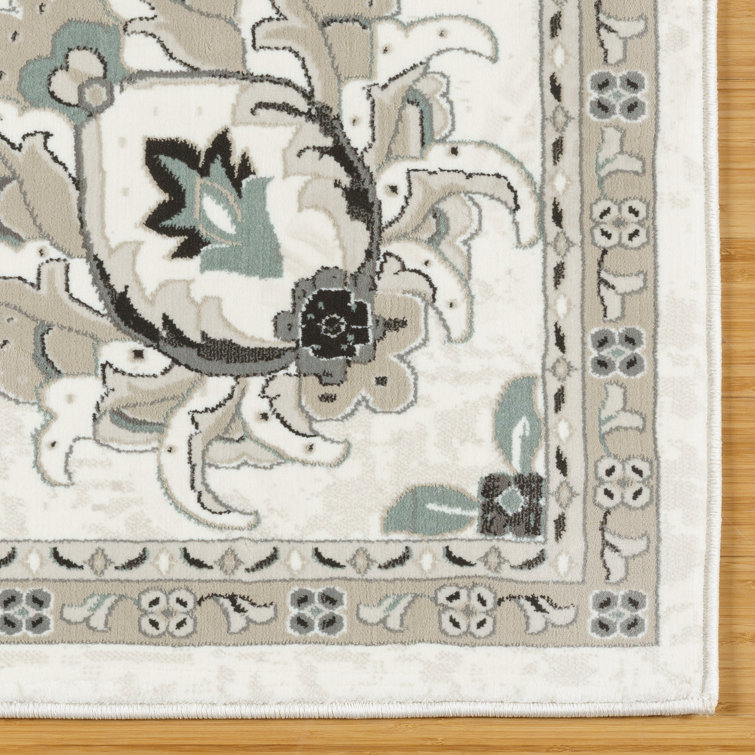 Ivory and Gray Traditional Oriental Floral Border Area Rug